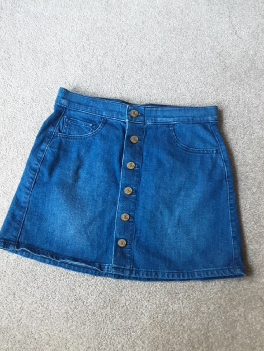 Express Blue 15" Button-Front Denim Mini Skirt